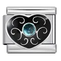 Abalorio italiano de acero inoxidable en forma de corazón con esmalte negro y piedra azul - Corazón Negro Piedra Azul (ICJ1491)