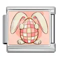 Easter egg Italian charm bracelet link with bunny ears in a pink checkered design - Silver Pink-White Plaid Egg Bunny Ears Style (ICP-JCAA0160-1) / 5 Pieces