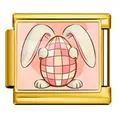 Gold-plated Italian modular charm link featuring a cute Easter bunny and pink egg. - Gold Bunny Hugging Pink-Beige Plaid Egg Style (ICP-JCAA0160-2) / 5 Pieces