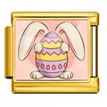 Gold Italian charm link featuring a cute white bunny holding a colorful Easter egg - Gold Bunny Hugging Purple and Yellow Egg Style (ICP-JCAA0161-2) / Single Piece