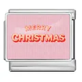 Festliches rosa Merry Christmas Charm-Glied für italienische Edelstahl-Armbänder - Rosa Frohe Weihnachten (ICP-JCAA0019) / Silber