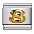 Modular stainless steel Italian charm bracelet link with a polished gold number 8 motif - Arabic Numeral 8 / Silver Base Gold Numeral