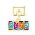 Close-up of a gold-toned Italian charm with colorful enamel and ART lettering. - ART Letters (Gold Buckle)
