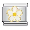 Macro detail of Italian charm bracelet link with white and yellow flower pattern. - White Flower Gold Trim (ICJ137-1)