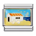 Detail of Italian charm link featuring a beach house and sailboat enamel design - Seaside House (ICJ654)