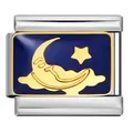 Charme italien avec lune et étoile dorées sur émail bleu pour bracelet modulaire - Croissant de Lune Souriant Ciel Étoilé (ICJ2284-1)