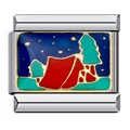 Detailed view of a stainless steel Italian charm featuring a colorful camping enamel design. - Camping Tent (ICJ627)