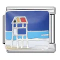 Maglia per bracciale italiano in acciaio inox con design a smalto di casetta sulla spiaggia. - Stile Casetta al Mare Blu (ICJ1756)