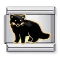 Polished stainless steel Italian bracelet charm featuring a black enamel cat design - Gold Black Cat Style (ICJ266)