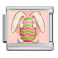 Easter bunny holding a colorful striped egg Italian modular charm link in stainless steel - Green and Pink Wave Egg Bunny Style (ICP-JCAA0167-1) / Single Piece / Silver