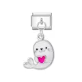 Cute glittery white sea seal charm with pink heart for Italian modular bracelet links - Seal / Silver