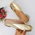 Elegant gold metallic flat mules with pointed toe and split detail for women. - 35 / Gold