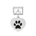Silver stainless steel heart charm with black paw print for Italian link bracelet - Animal Paw Print Engraved(FM_0204) / Silver