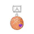 Link per bracciale modulare italiano con pallacanestro arancione e charm cuore viola - Motivo Pallacanestro / Argento