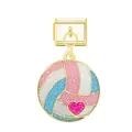 Gold Italian modular bracelet charm link featuring a glittery volleyball and pink heart - Volleyball Pattern / Gold
