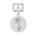 Ciondolo circolare in acciaio inox con fiore di dicembre inciso per bracciale modulare - Modulo Ciondolo Tondo Marzo / Argento