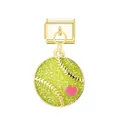 Gold Italian modular bracelet charm with glittery green softball and small heart - Tennis Pattern / Gold
