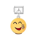 Detalle de pieza de charm italiano en acero con colgante de emoji sonriente amarillo - Emoji de Paz (Hebilla Plateada)