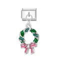 Weihnachtskranz-Charm für italienisches Modularmband mit grünem Emaille und Kristallen - Weihnachtskranz 1 / Silber