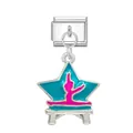 Star shaped Italian charm link featuring pink gymnast silhouette on blue background - Gymnast (Silver Buckle)