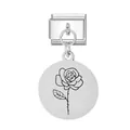 Italienisches Edelstahl-Charm-Modul mit Rosen-Gravur für personalisierte Armbänder. - Juni Runder Anhänger Modul / Silber