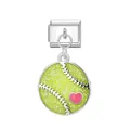 Italian modular charm with lime green glitter baseball and pink heart dangle link - Tennis Pattern / Silver