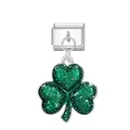 Link per bracciale italiano in acciaio inox con ciondolo a quadrifoglio verde glitter - Modulo Quadrifoglio Fibbia Argento