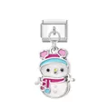 Süßer Weihnachts-Schneemann Italienisches Charm mit rosa und blauer Emaille und Glitzer - Schneemann / Silber