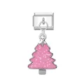 Italienisches Charm-Glied mit einem hängenden rosa Emaille-Weihnachtsbaum-Anhänger - Weihnachtsbaum Stil 2 / Silber