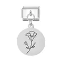 Italienischer Edelstahl-Charm-Anhänger mit minimalistischer Blumen-Gravur in Silber - September Runder Anhänger Modul / Silber