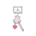 Charm modular italiano para pulsera con estrella de purpurina rosa, corazón y varita arcoíris. - Varita Mágica / Plateado