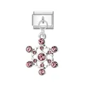 Hochwertiges italienisches Modul-Charm mit einem rosa Kristall-Schneeflocken-Anhänger. - Weihnachtsschneeflocke / Silber