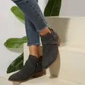 Stylish grey pointed-toe Chelsea boots for women featuring cross straps and a side zipper. - Dark Gray