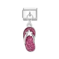 Italian charm link featuring a pink glitter flip-flop dangle with a white star accent - Slipper (Silver Buckle)