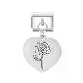 Herzanhänger aus Edelstahl mit Rosengravur für italienische modulare Armbänder - Juni Geburtsblume - Herz-Stil / Silber