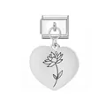 Hochglanzpolierter Herzanhänger aus Edelstahl mit Lotus-Gravur für italienisches Charm-Glied - Juli Geburtsblume - Herz-Stil / Silber