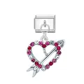 Italian charm link with silver heart pendant, arrow, and pink crystals set - Arrow Through Heart Style (Arrow Heart Silver Buckle)