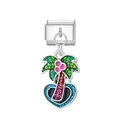 Italian modular charm for bracelet with colorful glitter palm tree and heart dangle - Palm Tree Silver Buckle