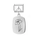 Silberner Edelstahl Italienischer Charm-Link mit zartem graviertem Blumenanhänger - März Ovaler Anhänger Modul / Silber