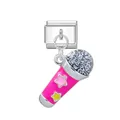 Maillon de bracelet italien avec un charm microphone rose scintillant et étoiles - Module de Micro / Argent