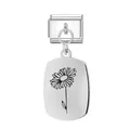 Silberner italienischer Modul-Charm aus Edelstahl mit lasergraviertem Gänseblümchen-Anhänger - April Ovaler Anhänger Modul / Silber