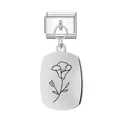 Italienisches Edelstahl-Modul-Charm-Glied mit zarter schwarzer Blumengravur - September Oval Anhänger Modul / Silber