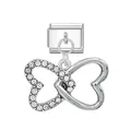 Silver Italian charm link with interlocking crystal heart butterfly design for DIY bracelet - Interlocked Hearts Silver Buckle