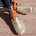 Sabots tressés or champagne avec boucle métallique pour femmes mules plates élégantes - Argent