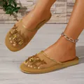 Gold mesh embroidered flat mules with floral sequins and pearls for outdoor wear - 36 / Gold