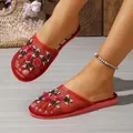 Elegant red mesh mules with 3D rose floral embroidery and comfortable flat soles - 36 / Red