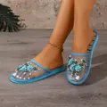Elegant light blue floral embroidered mesh flat mules for home or casual outdoor wear - 36 / Sky Blue