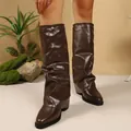 Women's stylish brown faux leather slouchy pant-leg boots with block high heels - 36 / Coffee