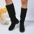 Elegant black suede mid-calf slouchy boots featuring a pleated design and stable low heel - 35 / Black