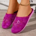 Pantofole da donna in velluto viola con fiori di paillettes, comode scarpe da casa - Rosso rosa